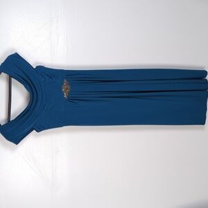 Alex Evenings Teal Cowl Neck Maxi Dress with Embellished Waist